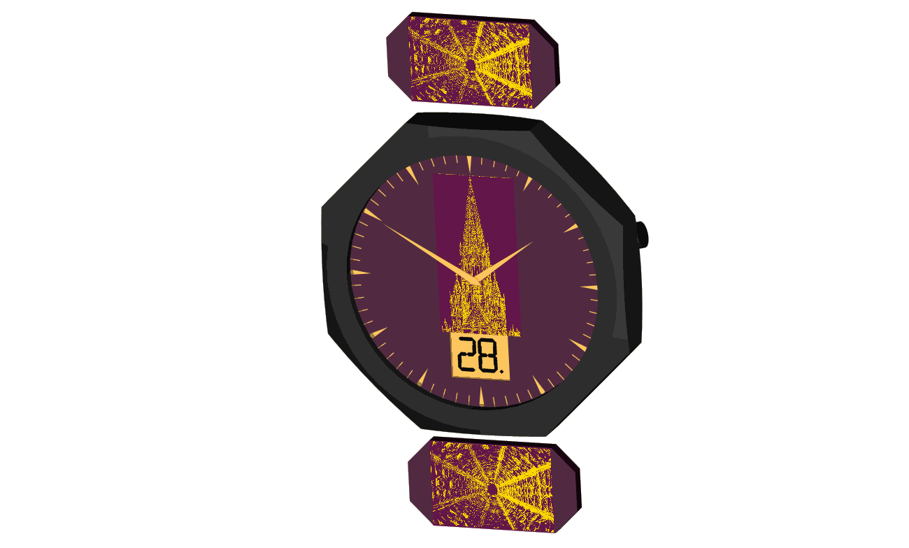 Die Uhr des Oktogons mit 2 angedeuteten, besonderen Gliedern des Armandes