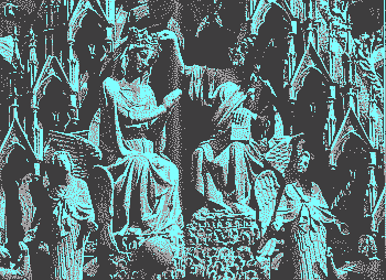 Reims: Marienkrönung;
Ausschnitt aus dem Wimperg über dem Hauptportal der Westfassade in ca. 26m Höhe;
Figuren ca. 3m hoch