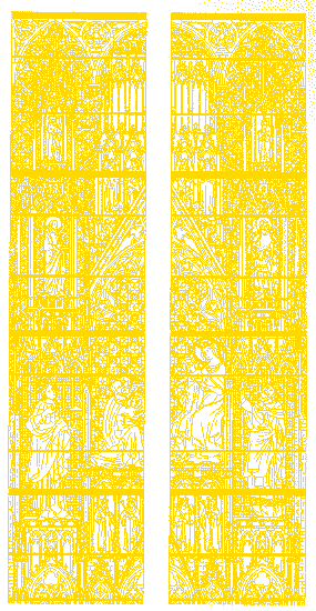 Köln, Dom, Achskapelle, nordöstliches Fenster, Dreikönigenfenster;
Klick: Bild 628kB: Köln, Dreikönigenschrein