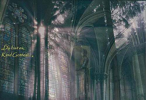 Collage aus einer Schwarzwaldszene und Ansichten sowie der Jeannestatue
aus der Kathedrale von Reims